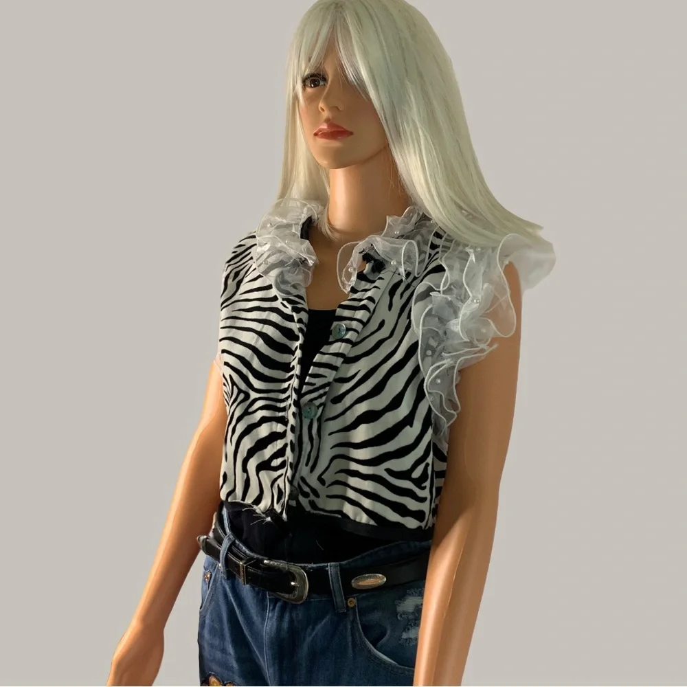 Zebra Print Ruffle Sleeve Blouse - Picture 2 of 16